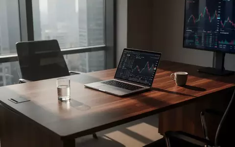 Ein minimalistischer, moderner Büroarbeitsplatz mit einem Laptop und sanftem Morgenlicht auf einem Schreibtisch. - Foto: über boerse-global.de