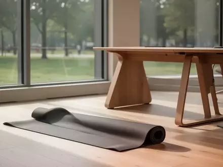 Ein minimalistischer Büroraum mit einer Yogamatte auf einem hellen Holzboden vor großen Fenstern mit Blick ins Grüne. - Foto: über boerse-global.de