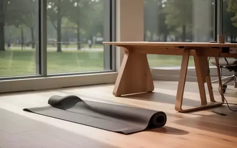 Ein minimalistischer Büroraum mit einer Yogamatte auf einem hellen Holzboden vor großen Fenstern mit Blick ins Grüne. - Foto: über boerse-global.de