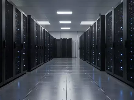 Moderne Serverräume mit bläulich beleuchteten Schaltschränken in einer gesicherten IT-Umgebung. - Foto: über boerse-global.de