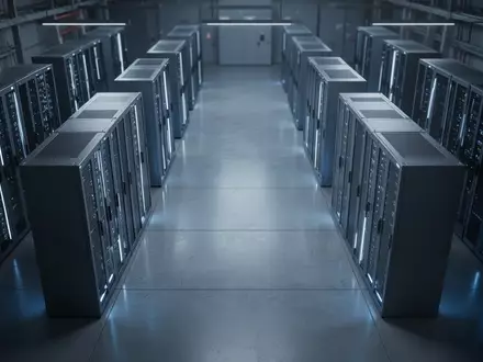 Ein minimalistisch gestalteter Serverraum mit symmetrischen Metallschränken in kühler, blauer Beleuchtung. - Foto: über boerse-global.de