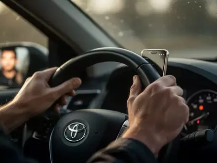 Nahaufnahme von Händen am Lenkrad während der Fahrer auf ein leuchtendes Smartphone blickt. - Foto: über boerse-global.de
