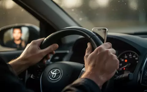Nahaufnahme von Händen am Lenkrad während der Fahrer auf ein leuchtendes Smartphone blickt. - Foto: über boerse-global.de