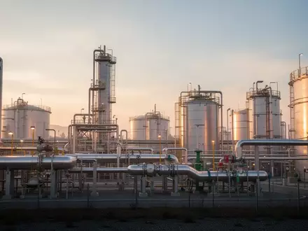 Moderne Industrieanlage zur Erdgasverarbeitung bei Sonnenaufgang mit reflektierenden Metallrohren und Tanks. - Foto: über boerse-global.de