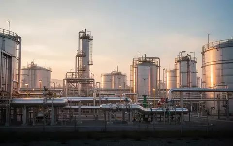 Moderne Industrieanlage zur Erdgasverarbeitung bei Sonnenaufgang mit reflektierenden Metallrohren und Tanks. - Foto: über boerse-global.de