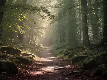Ein sonnendurchfluteter Waldpfad mit üppiger Vegetation und natürlichem Licht, der einen gesunden Lebensstil symbolisiert. - Foto: über boerse-global.de