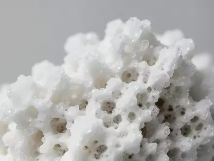 Nahaufnahme einer porösen Aragonit-Mineralstruktur mit kristallinen OberflĂ€chen vor neutralem Hintergrund. - Foto: ĂŒber boerse-global.de