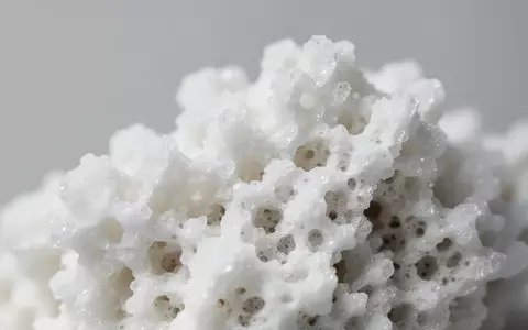 Nahaufnahme einer porösen Aragonit-Mineralstruktur mit kristallinen Oberflächen vor neutralem Hintergrund. - Foto: über boerse-global.de