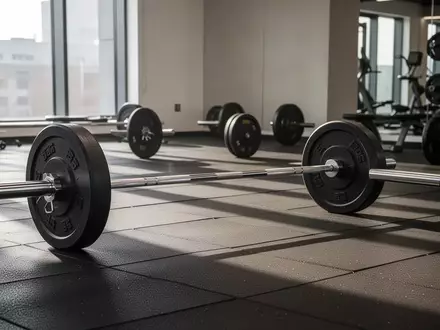 Leeres Fitnessstudio mit Hantelscheiben und Stahlstangen auf einem Gummiboden in einer minimalistischen Umgebung. - Foto: über boerse-global.de