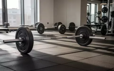 Leeres Fitnessstudio mit Hantelscheiben und Stahlstangen auf einem Gummiboden in einer minimalistischen Umgebung. - Foto: über boerse-global.de