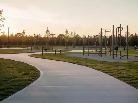 Ein weitläufiger, barrierefreier öffentlicher Park mit modernen Sportgeräten und befestigten Wegen im sanften Licht. - Foto: über boerse-global.de