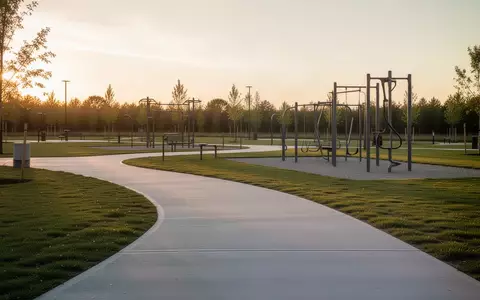 Ein weitläufiger, barrierefreier öffentlicher Park mit modernen Sportgeräten und befestigten Wegen im sanften Licht. - Foto: über boerse-global.de