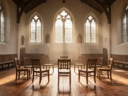 Ein lichtdurchfluteter, leerer Kirchenraum mit Holzboden und Stuhlkreis in einer ländlichen Pfarrkirche. - Foto: über boerse-global.de