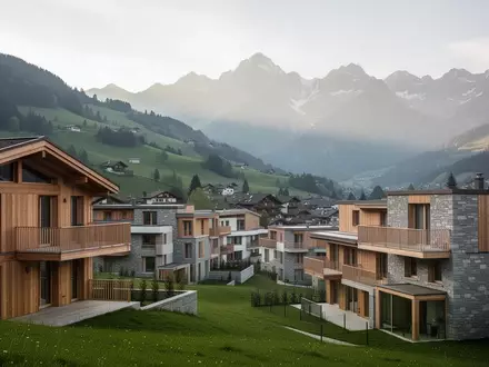 Moderne Wohnsiedlung in einer Schweizer Tal-Landschaft mit Bergen im Hintergrund. - Foto: ĂŒber boerse-global.de