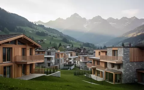 Moderne Wohnsiedlung in einer Schweizer Tal-Landschaft mit Bergen im Hintergrund. - Foto: über boerse-global.de