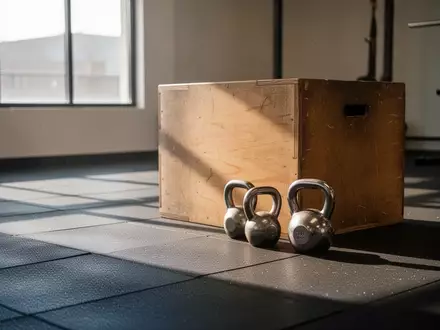 Ein minimalistischer Trainingsraum in einem Fitnessstudio mit einer Plyo-Box und Kettlebells auf dem Boden. - Foto: über boerse-global.de