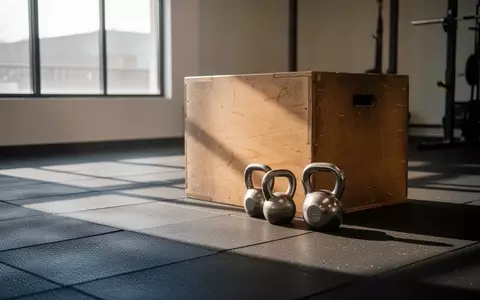 Ein minimalistischer Trainingsraum in einem Fitnessstudio mit einer Plyo-Box und Kettlebells auf dem Boden. - Foto: über boerse-global.de