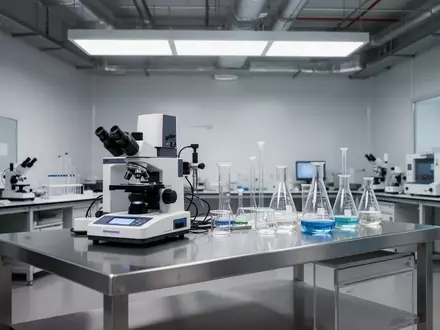 Ein minimalistisches Labor mit analytischen Geräten auf einem Edelstahltisch in einer sachlichen, hellen Arbeitsumgebung. - Foto: über boerse-global.de
