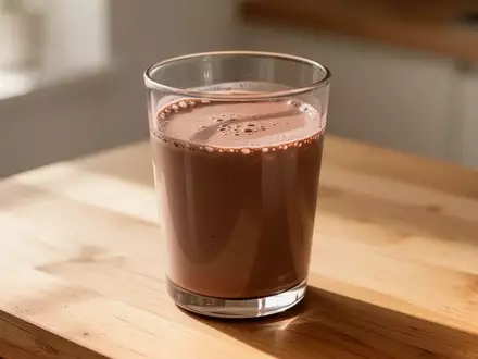 Ein Glas Schokoladenmilch auf einer schlichten Holzoberfläche in hellem, natürlichem Tageslicht. - Foto: über boerse-global.de