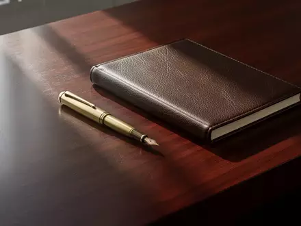 Ein minimalistischer Schreibtisch aus dunklem Mahagoniholz mit einem Füllfederhalter und einem leeren, ledergebundenen Buch. - Foto: über boerse-global.de