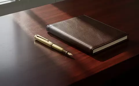 Ein minimalistischer Schreibtisch aus dunklem Mahagoniholz mit einem Füllfederhalter und einem leeren, ledergebundenen Buch. - Foto: über boerse-global.de