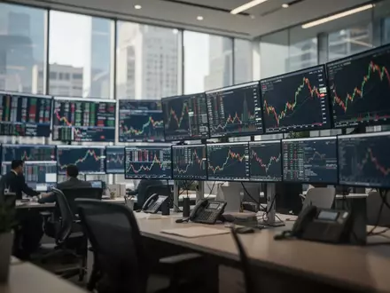 Ein moderner Börsenhandelssaal mit verschwommenen Bildschirmen, die steigende Aktienkurse zeigen. - Foto: über boerse-global.de