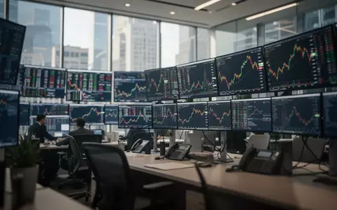 Ein moderner Börsenhandelssaal mit verschwommenen Bildschirmen, die steigende Aktienkurse zeigen. - Foto: über boerse-global.de