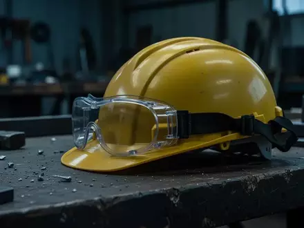 Symbolbild: Schutzhelm und Schutzbrille auf einer Werkbank - Foto: über boerse-global.de