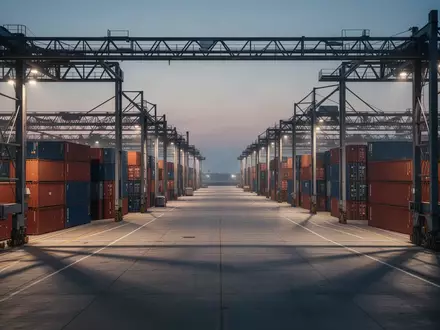 Ein modernes Logistikterminal bei Dämmerung mit ordentlich aufgereihten Containern und industrieller Architektur. - Foto: über boerse-global.de