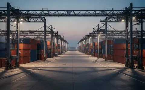 Ein modernes Logistikterminal bei Dämmerung mit ordentlich aufgereihten Containern und industrieller Architektur. - Foto: über boerse-global.de