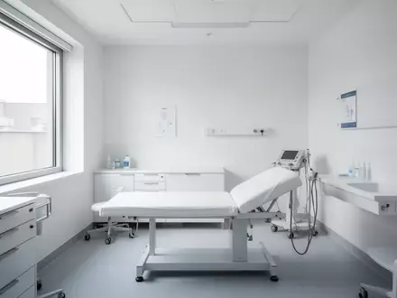 Ein minimalistischer, heller Untersuchungsraum in einer Arztpraxis mit neutralem Mobiliar und natürlichem Lichteinfall. - Foto: über boerse-global.de