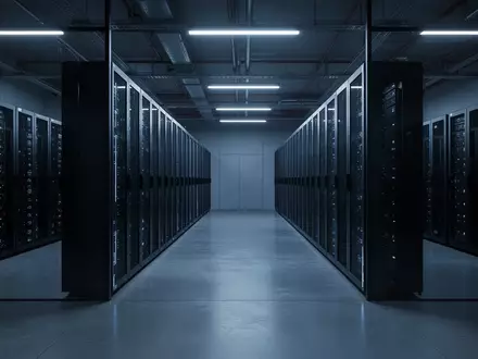 Ein minimalistischer, modern beleuchteter Serverraum mit ordentlich angeordneten, dunklen Server-Racks in einer Industriehalle. - Foto: über boerse-global.de