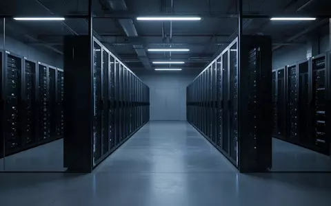 Ein minimalistischer, modern beleuchteter Serverraum mit ordentlich angeordneten, dunklen Server-Racks in einer Industriehalle. - Foto: über boerse-global.de