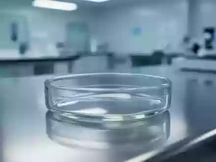 Eine leere, sterile Laborschale aus Glas auf einer Edelstahloberfläche in einer medizinischen Laborumgebung. - Foto: über boerse-global.de