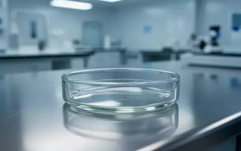 Eine leere, sterile Laborschale aus Glas auf einer Edelstahloberfläche in einer medizinischen Laborumgebung. - Foto: über boerse-global.de