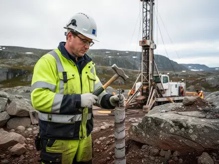 Ein Geologe untersucht Gesteinsproben an einer Bohrstelle in einer felsigen Landschaft. - Foto: über boerse-global.de
