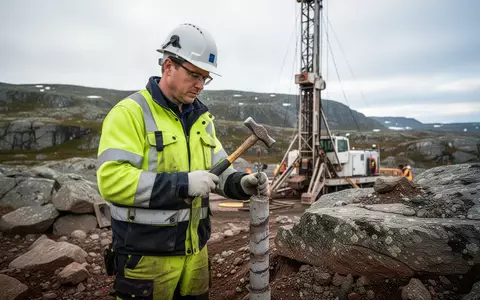 Ein Geologe untersucht Gesteinsproben an einer Bohrstelle in einer felsigen Landschaft. - Foto: über boerse-global.de