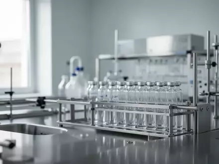 Ein steriler, moderner Laborraum mit Edelstahleinrichtungen und Glasfläschchen in einer unscharfen Hintergrundansicht. - Foto: über boerse-global.de