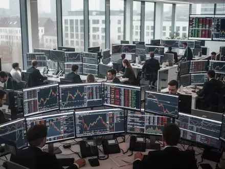 Börsenhändler an ihren Arbeitsplätzen mit komplexen Kursdiagrammen auf den Bildschirmen in einem Frankfurter Büro. - Foto: über boerse-global.de