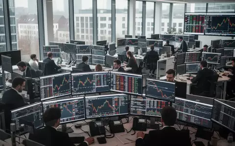 Börsenhändler an ihren Arbeitsplätzen mit komplexen Kursdiagrammen auf den Bildschirmen in einem Frankfurter Büro. - Foto: über boerse-global.de