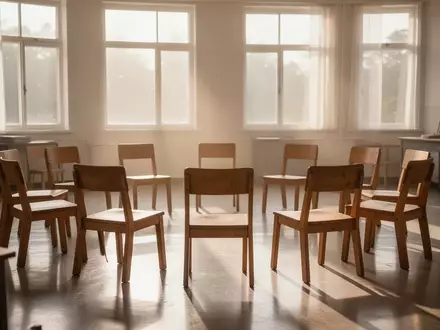 Ein heller, leerer Klassenraum mit im Kreis angeordneten Stühlen in sanftem Sonnenlicht. - Foto: über boerse-global.de