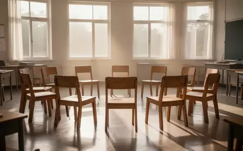 Ein heller, leerer Klassenraum mit im Kreis angeordneten Stühlen in sanftem Sonnenlicht. - Foto: über boerse-global.de