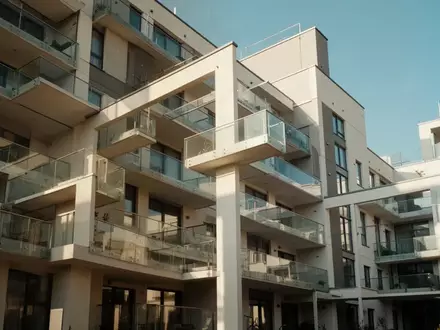Moderne Wohnhausfassade mit Balkonen bei hellem Tageslicht. - Foto: über boerse-global.de