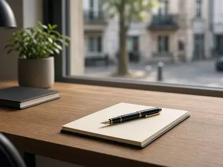 Ein minimalistischer Schreibtisch in natürlichem Morgenlicht mit einem Notizblock und einem Füllfederhalter. - Foto: über boerse-global.de