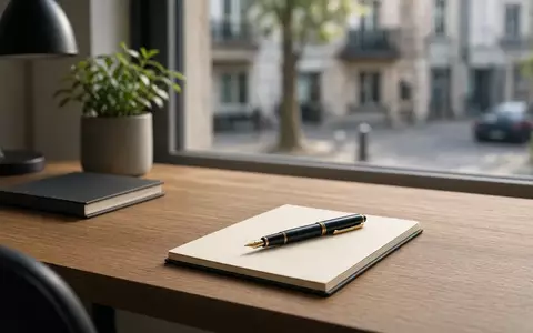 Ein minimalistischer Schreibtisch in natürlichem Morgenlicht mit einem Notizblock und einem Füllfederhalter. - Foto: über boerse-global.de
