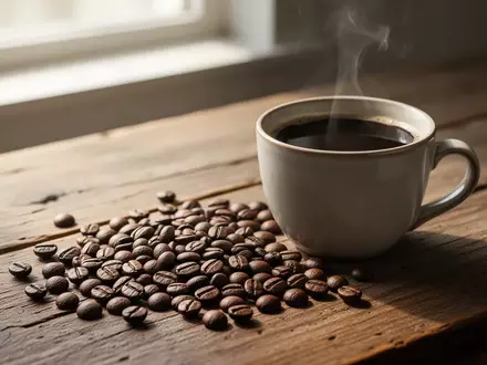 Geröstete Kaffeebohnen und eine dampfende Tasse Kaffee auf einem Holztisch. - Foto: über boerse-global.de