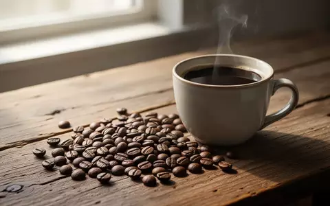 Geröstete Kaffeebohnen und eine dampfende Tasse Kaffee auf einem Holztisch. - Foto: über boerse-global.de