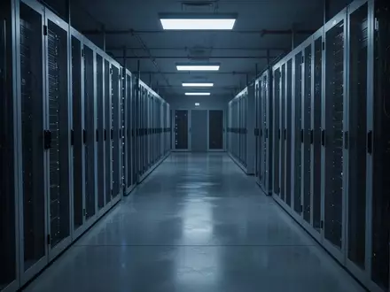 Ein leerer, modern beleuchteter Serverraum mit metallischen Schränken in einer kühlen, industriellen Umgebung. - Foto: über boerse-global.de