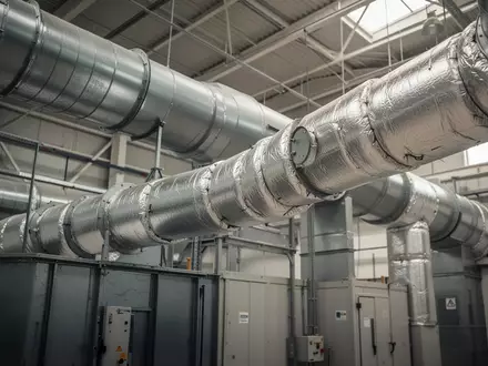 Große industrielle Abluftrohre und Lüftungssysteme in einer Fabrikhalle zur Verdeutlichung von Prozessen in Trocknungsanlagen. - Foto: über boerse-global.de