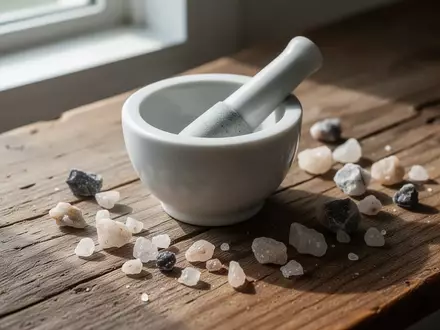 Ein Mörser und Stößel aus Keramik auf einem Holztisch mit Mineralsteinen zur Veranschaulichung von Magnesiumpräparaten. - Foto: über boerse-global.de